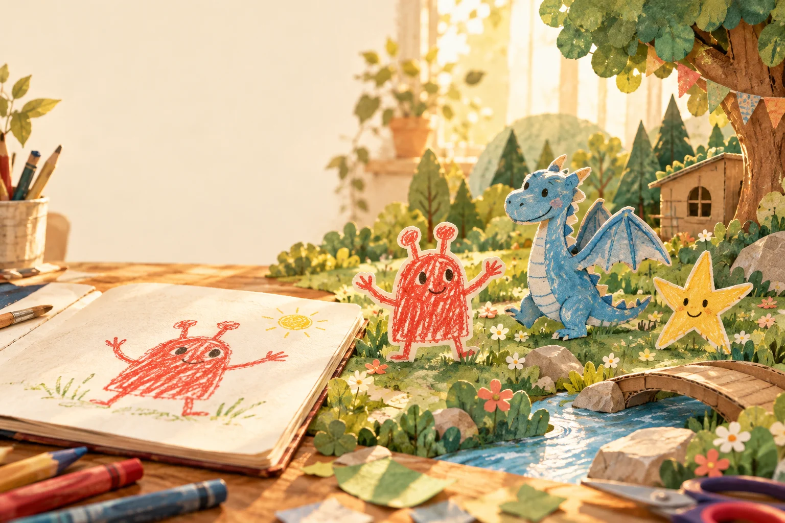 A concept illustration of a child’s red doodle beside paper characters in a handmade woodland